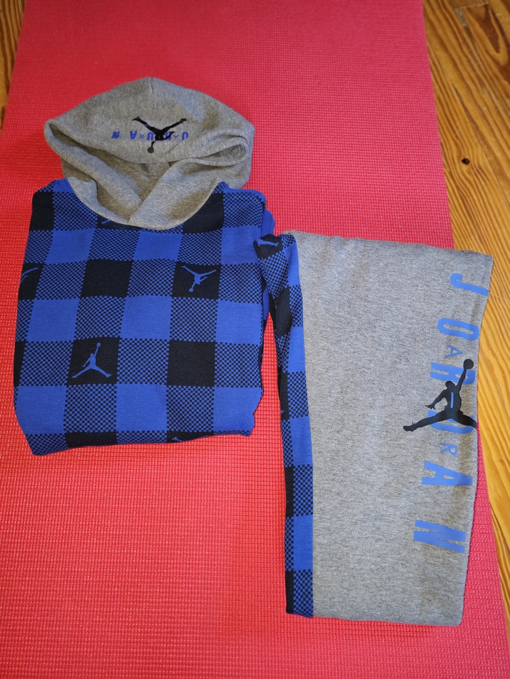 JORDAN Youth Large Blue Black Checkered Hoodie & Jogger Sweatsuit Set